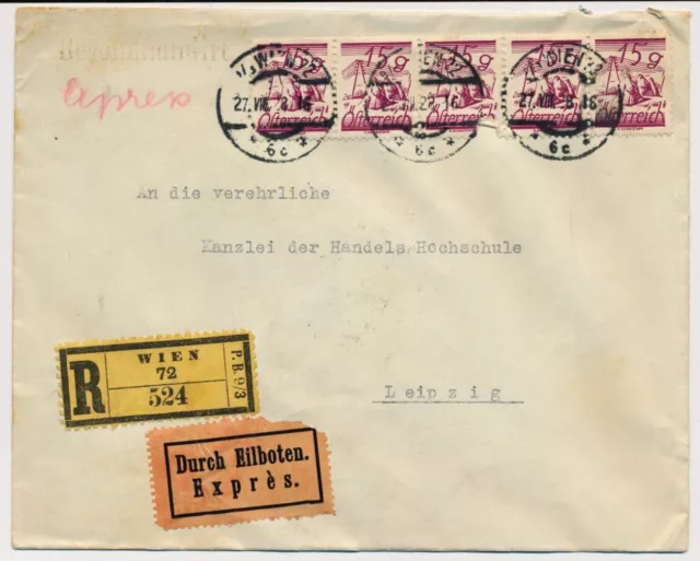 ÖSTERREICH 1928 5*15gr EXPRESS! REKO-BRIEF, WIEN nach LEIPZIG.