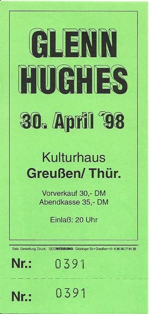 GLENN HUGHES Unused Ticket Greußen 30.04.1998 (Deep Purple, Black Sabbath)