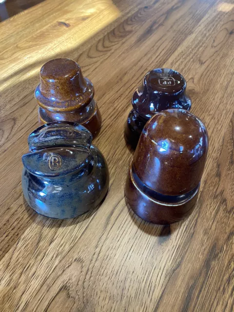 4 Vintage Dark Brown Porcelain Ceramic Telephone Pole Electrical Insulators