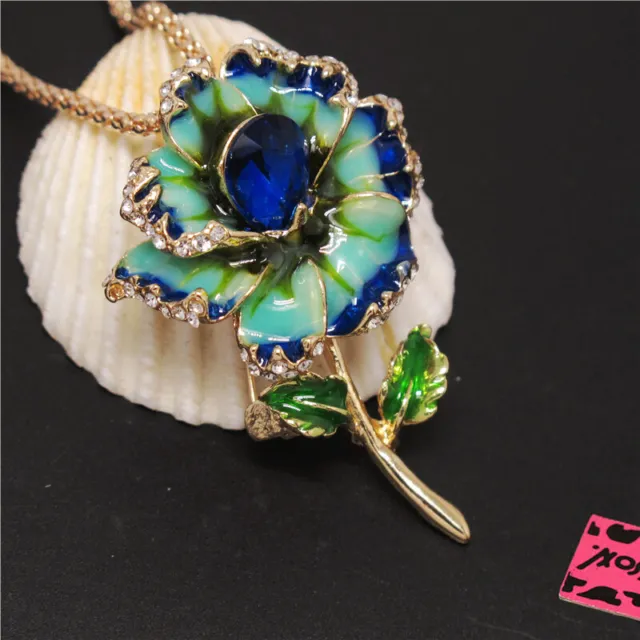 New  Blue Enamel Beautiful Flower Crystal Betsey Johnson Pendant Women Necklace