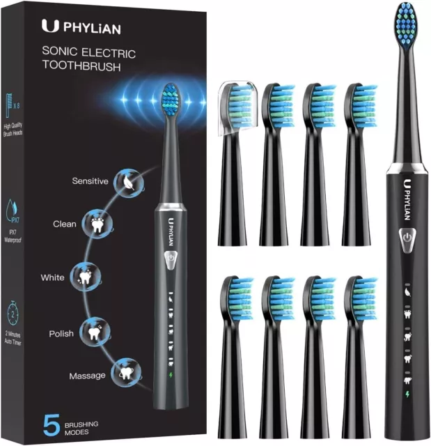U PHYLiAN Sonic Spazzolino elettrico - Ricaricabile - 5 modalità - Nero