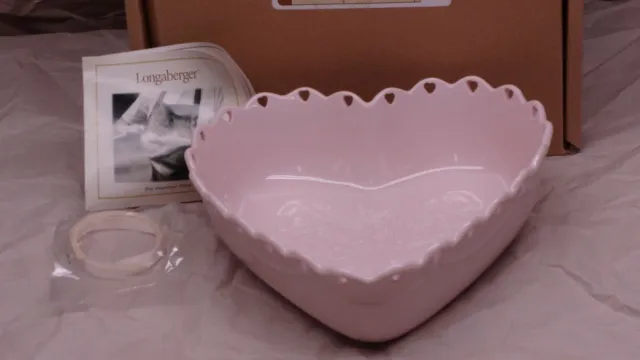 Longaberger 2005 Sweetest Heart PINK Heart Shaped Bowl Dish w/Ivory Ribbon - NEW