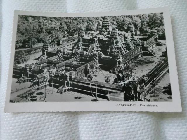 A Vintage old Black & White postcard of Angkor Wat Aerial view scallop ed UNUSED