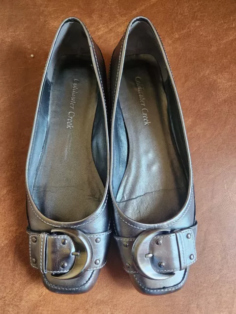 Coldwater Creek Women's 8M Metalic Pewter Slip On Leather Shoes Buckle