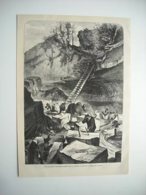 Gravure 1872. Travaux De Canalisation De La Perte Du Rhone. Tranchee. A. Lancon.