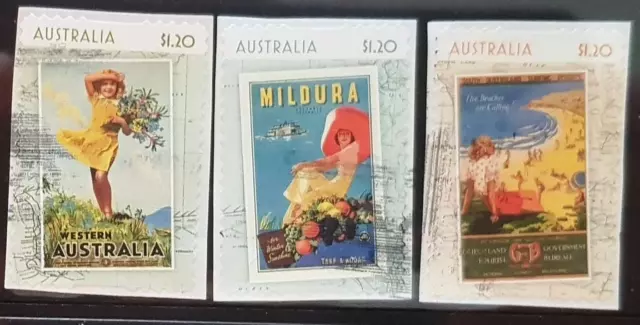 Australia 2023 Golden Age of Travel Posters complete set 3 P&S stamps fine used