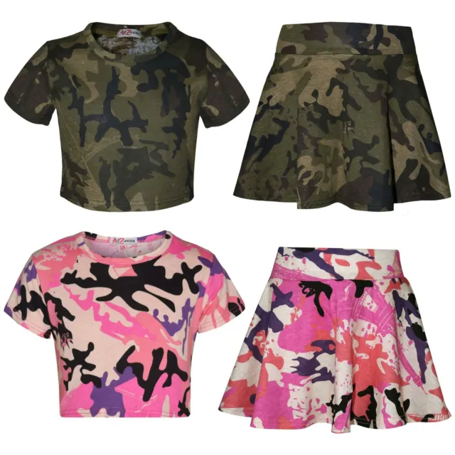 Kids Girls Crop Top & Skater Skirt Camouflage Fashion Summer Outfit Sets 5-13 Yr