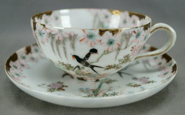 Nakamura Zukuri Hand Painted Swallows Pink Flowers Wisteria Tea Cup & Saucer