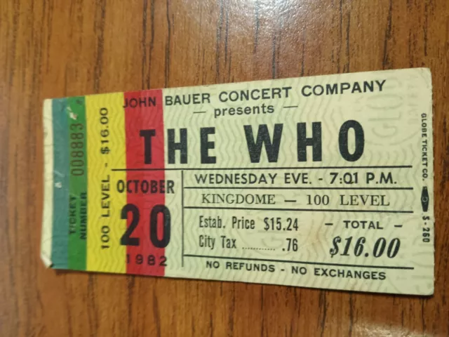 1982 The Who Ticket Stub Seattle Kingdome Oct 20th 100 Level P. Townsend Daltrey