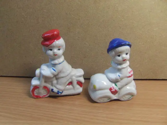 Vintage – c1950s china figures – Boy and Girl on Toy Motorcycle and Car