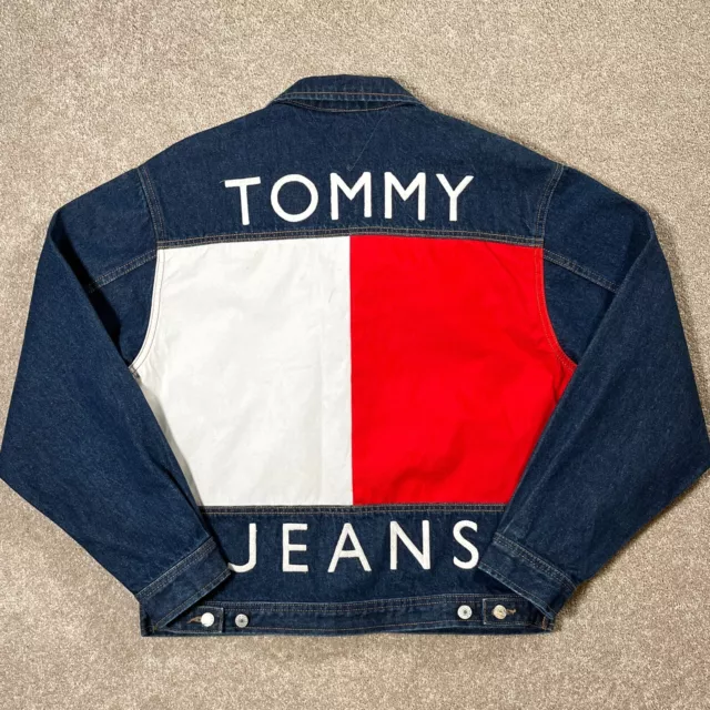 Vtg 90s Tommy Hilfiger Jeans Denim Jacket Size L Big Flag Aaliyah Hip Hop 24x26