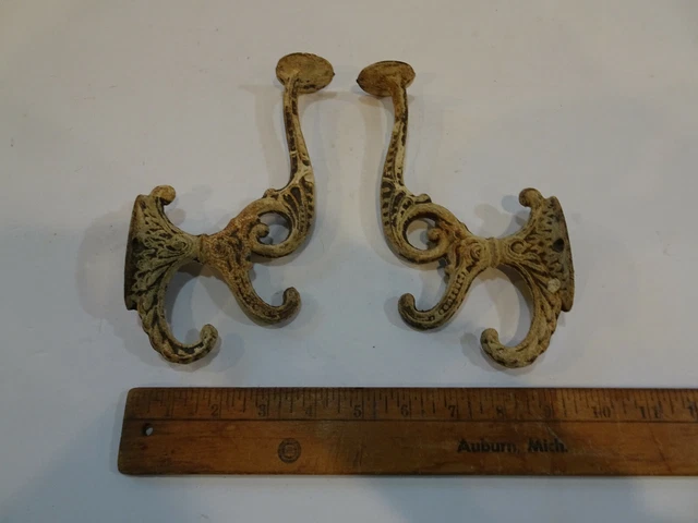 Pair of Old Late Victorian Style Heavy Cast Iron Coat & Top Hat Wall Hooks 2