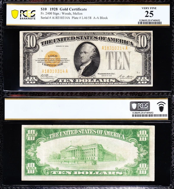 VERY NICE Bold & Crisp VF 1928 $10 GOLD CERTIFICATE! PCGS 25! FREE SHIP! 10314A