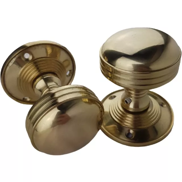 Polished Brass Ringed Reeded Mortice Sprung Door Knob Set Pack Pair With Fixings