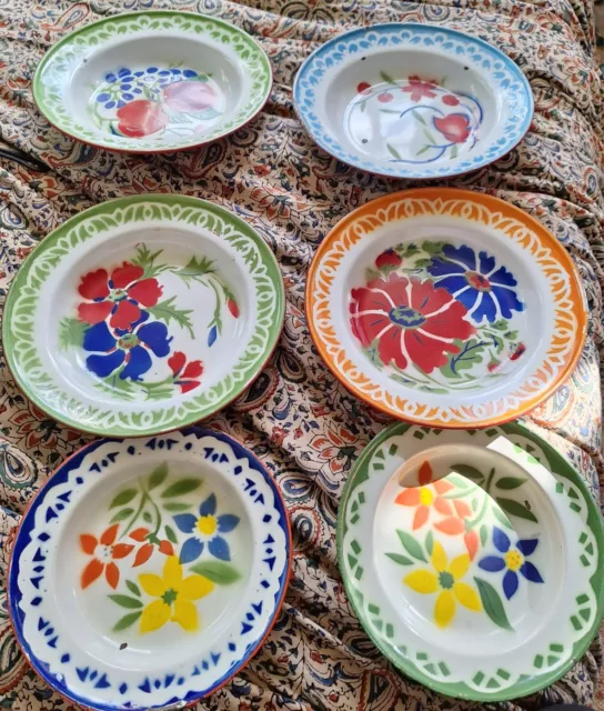 Set Of 6 Hand Painted Vintage Tin Plates - 4 Dinner, 2 Serving Plates - Camping?