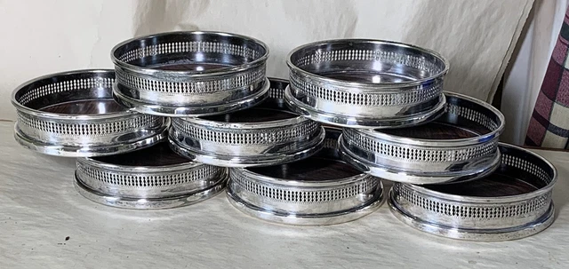 8 Matching Mid Century Modern PM Italy Silverplate Drink Coasters Filigree Sides