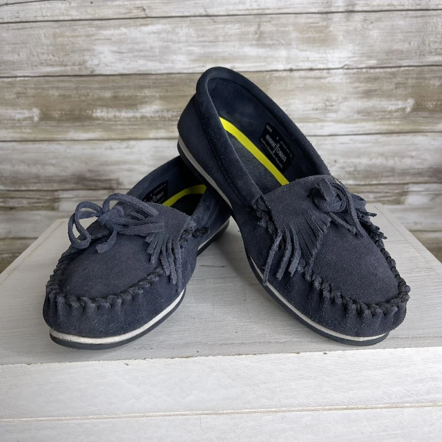 Minnetonka Navy Suede Leather Kilty Hard Sole Women's Moccasins Shoes Size 8