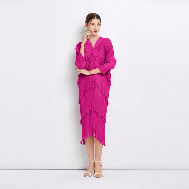VESTITO ABITO TUBINO Donna Elegante Lungo Elegante Rosa Fluo Frange vestito-abito-tubino-donna-elegante-lungo-elegante-rosa-fluo-frange