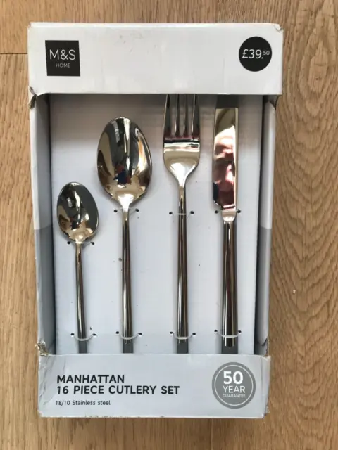 M&S Manhattan 16 Piece Cutlery Set In Stainless Steel BNIB