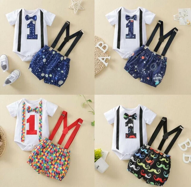 Infant Baby Boy Dot Bowtie Romper Bodysuit+Suspender Shorts 1ST Birthday Outfits