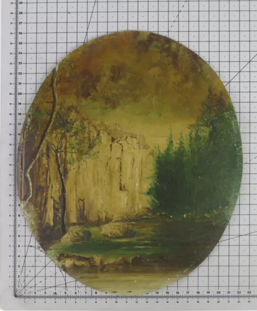 Viejo Cuadro Oval Pequeñas Dimensiones Paisaje Rocky Óleo En Mesa Bsn