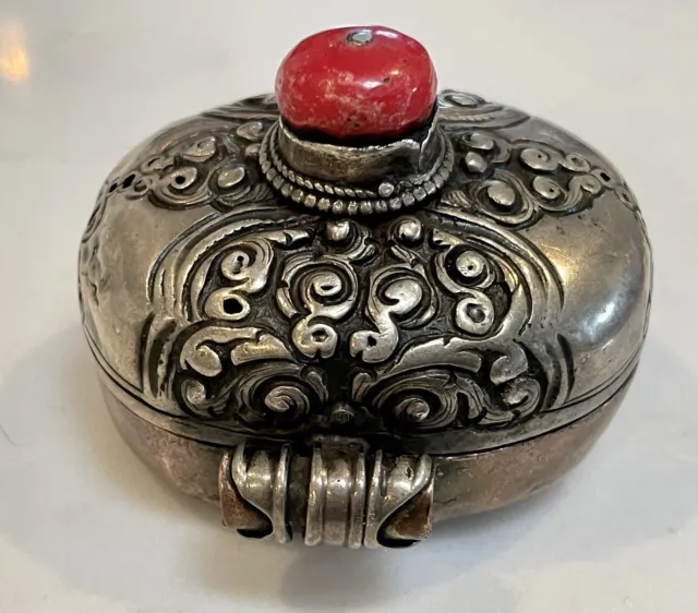 Antique TIBETAN GAU Silver Copper Coral Buddhist Prayer Box Patina 2.5” RARE