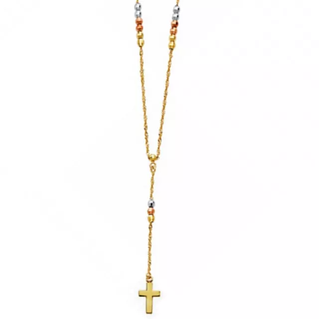 14K 3 Tone Gold 2.5mm Faceted Ball Beads Cross Rosary Necklace Rosario Chain 18"