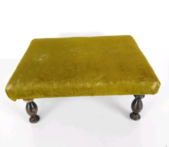 Antique 19th Century Victorian Olive Green Velvet Wooden Footstool