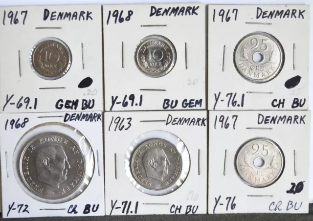 1963 - 68 SIX Coin Set GEM BU Denmark 10 & 25 Ore 1 and 5 Kroner Frederik IX