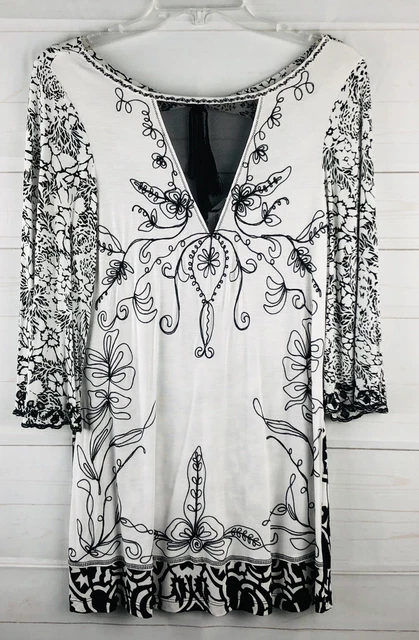 Krista Lee Tunic Top Womens Small Black White Viva Las Vegas Embroidery Beaded
