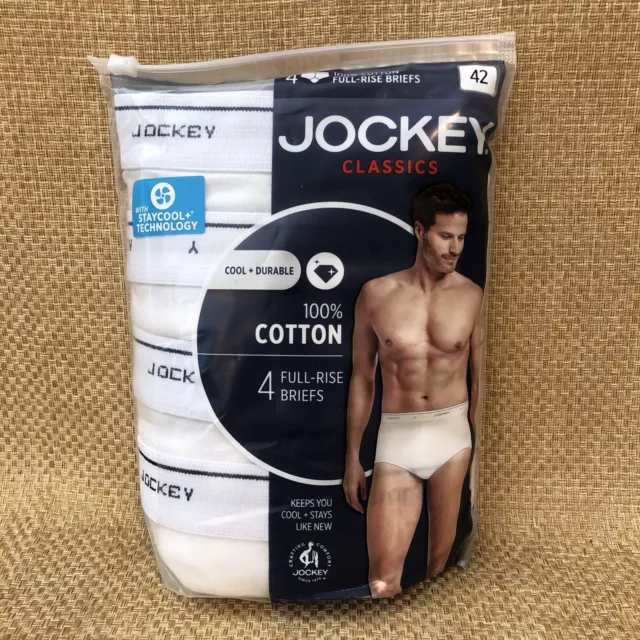 Men's 4-Pack 100% Cotton White Classics Full-Rise Staycool Briefs Size 42