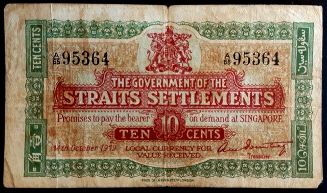 Straits Settlements Singapore 1919 Banknote 10 Cents circulated condition