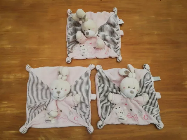 0/ Lot 3 Doudou lapin carré plat velours Rose gris Beige ABC Nicotoy Simba Toys