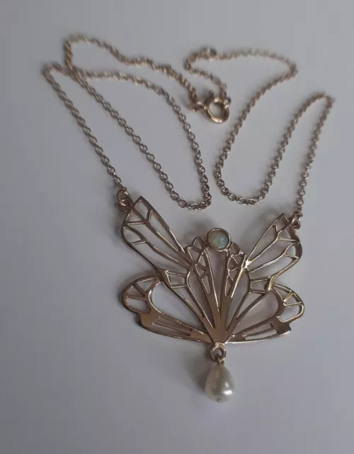 Art Nouveau Collier Opale Perle 925er Argent Jaune Plaqué Or Unique Bijoux -