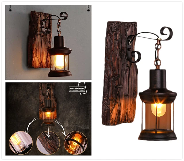 Retro Vintage Wandleuchte Holz Wandlampe Antik Industrie Holz Laterne Wand Lampe