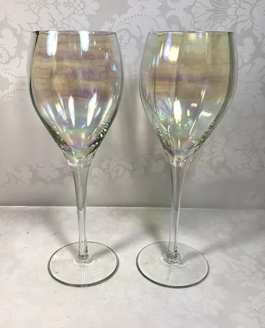 Set Of 2 Vintage Hand Blown Toscany Iridescent Rainbow Crystal Wine Glasses