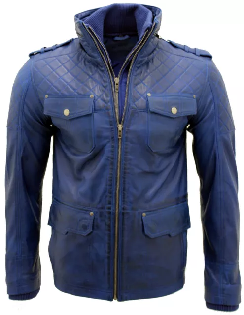 Homme Décontracté 100% Peau de Mouton Bleu Cuir Nappa Veste Matelassé