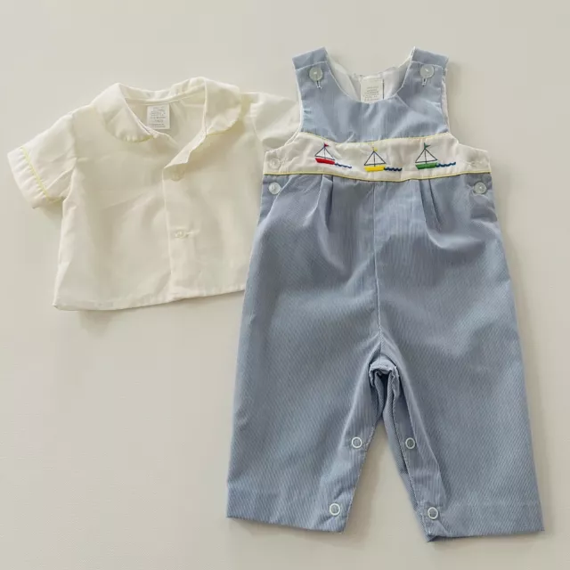 Vintage Baby Boy 3-6 Months Shirt & Overalls Set Outfit Sailboats