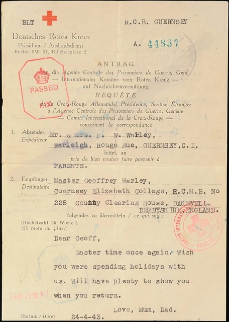 12112) Rotkreuz-Nachrichten Brief 24.4.43 Guernsey nach England Antwort 21.7.43