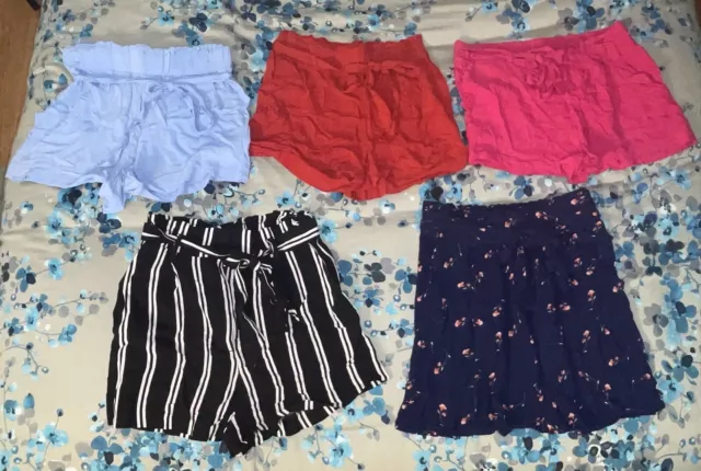 Women Lot 5 Small High Waist Belted Linen Shorts Pink Red Navy Floral Stripes