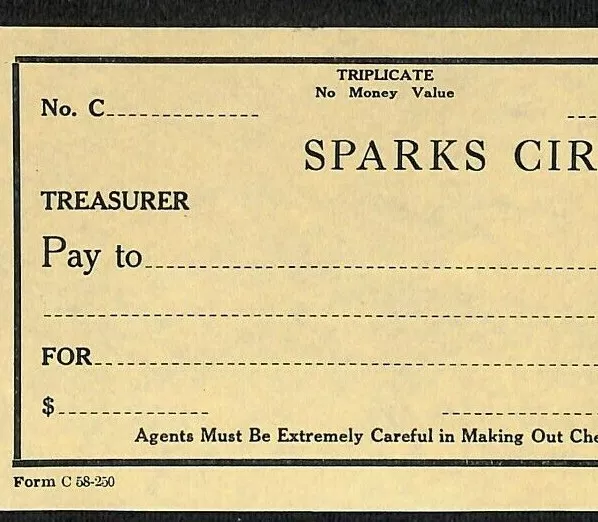 Scarce c1920's Sparks Circus Unused Check Triplicate w/ Register Stub