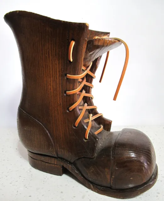 Vtg Handmade Hand Carved Wooden Boot Shoe w Laces Folk Art 8.25”X8”X3.5”