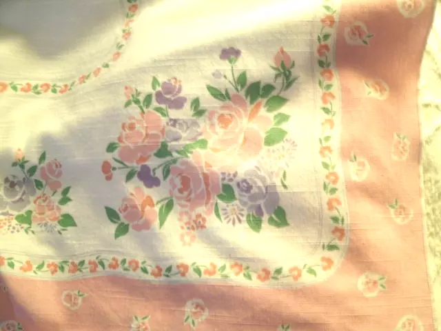 Vintage Easter Time Spring Table Cloth 81" X 61" White with Pinks Mostly