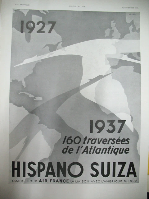 PUBLICITE DE PRESSE HISPANO SUIZA AVIATION MOTEUR 160 TRAVERSéES AIR FRANCE 1936