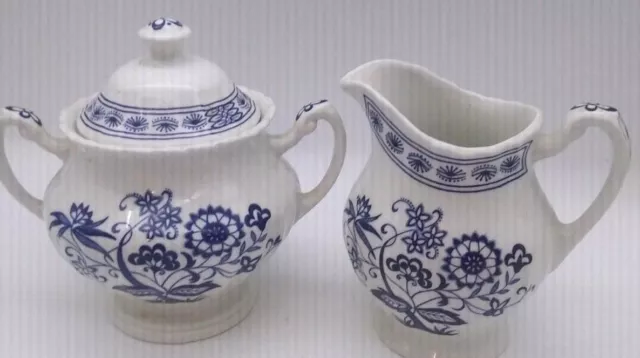 Blue Nordic Onion Creamer and Sugar Bowl J&G Meakin England Classic White - GUC!