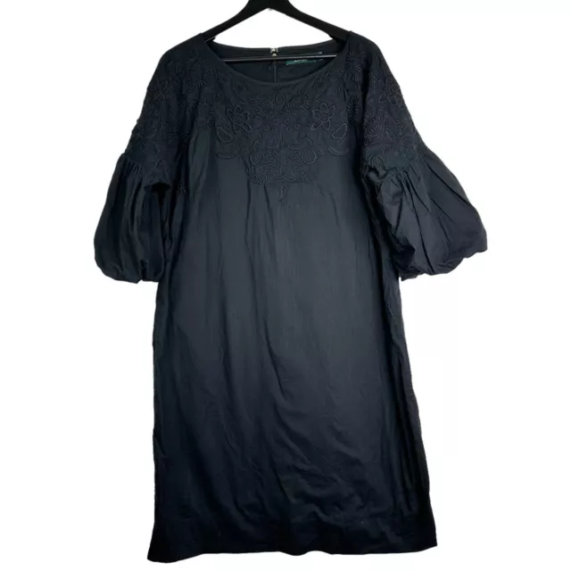 Lauren Ralph Lauren Dress Womens Size 14 Black Shift Embroidered Puff Sleeve