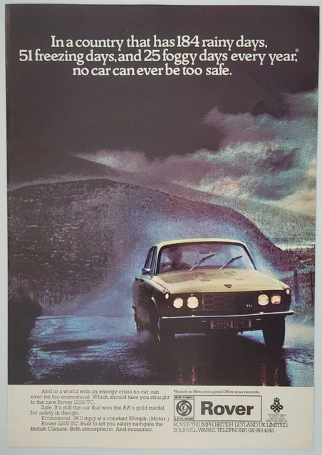 Rover 2200 TC Car Energy Efficient British Weather UK Ad 1974 ILN ~8.5x12.5"