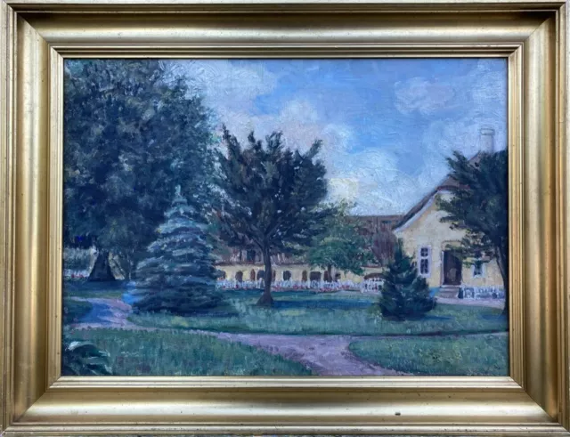 Oil Painting Signed 1929 Old Country House With Garden Denmark Picture Frame