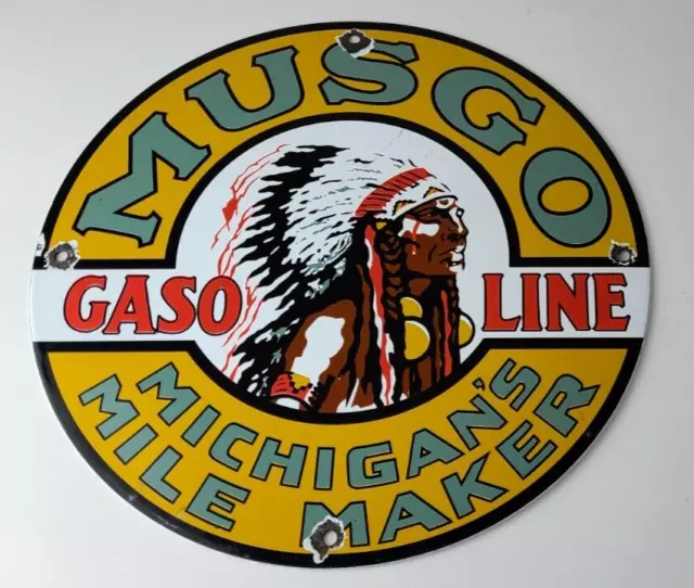 Vintage Musgo Gasoline Sign - Gas Motor Oil Pump American Indian Porcelain Sign