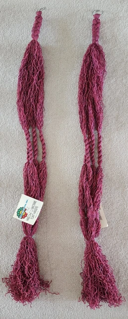 2 Vintage Boho Chic Wood Beaded Macrame Jute Tasseled Plant Hangers 38" long